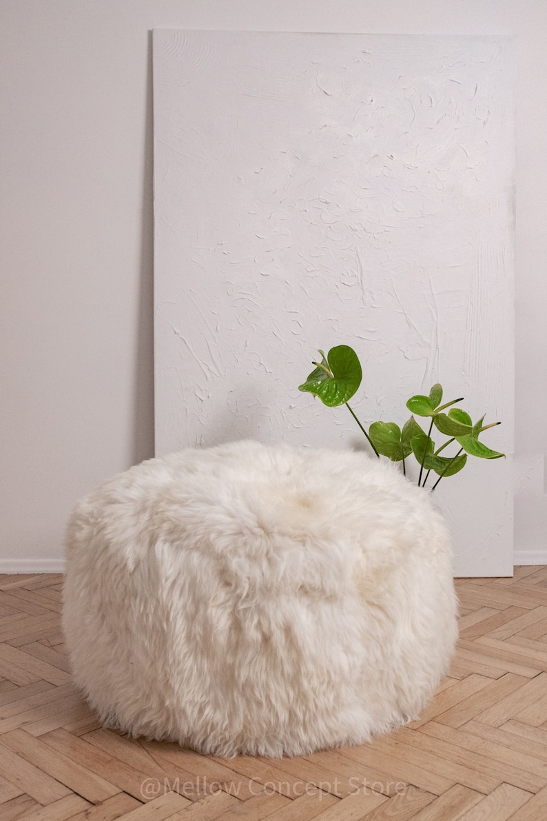 White Elegant & Luxurious Real Sheepskin Pouf / Pouffe / Ottoman. Scandinavian Style Ottoman. Natural genuine Sheepskin, Nordic Style pouf image 4