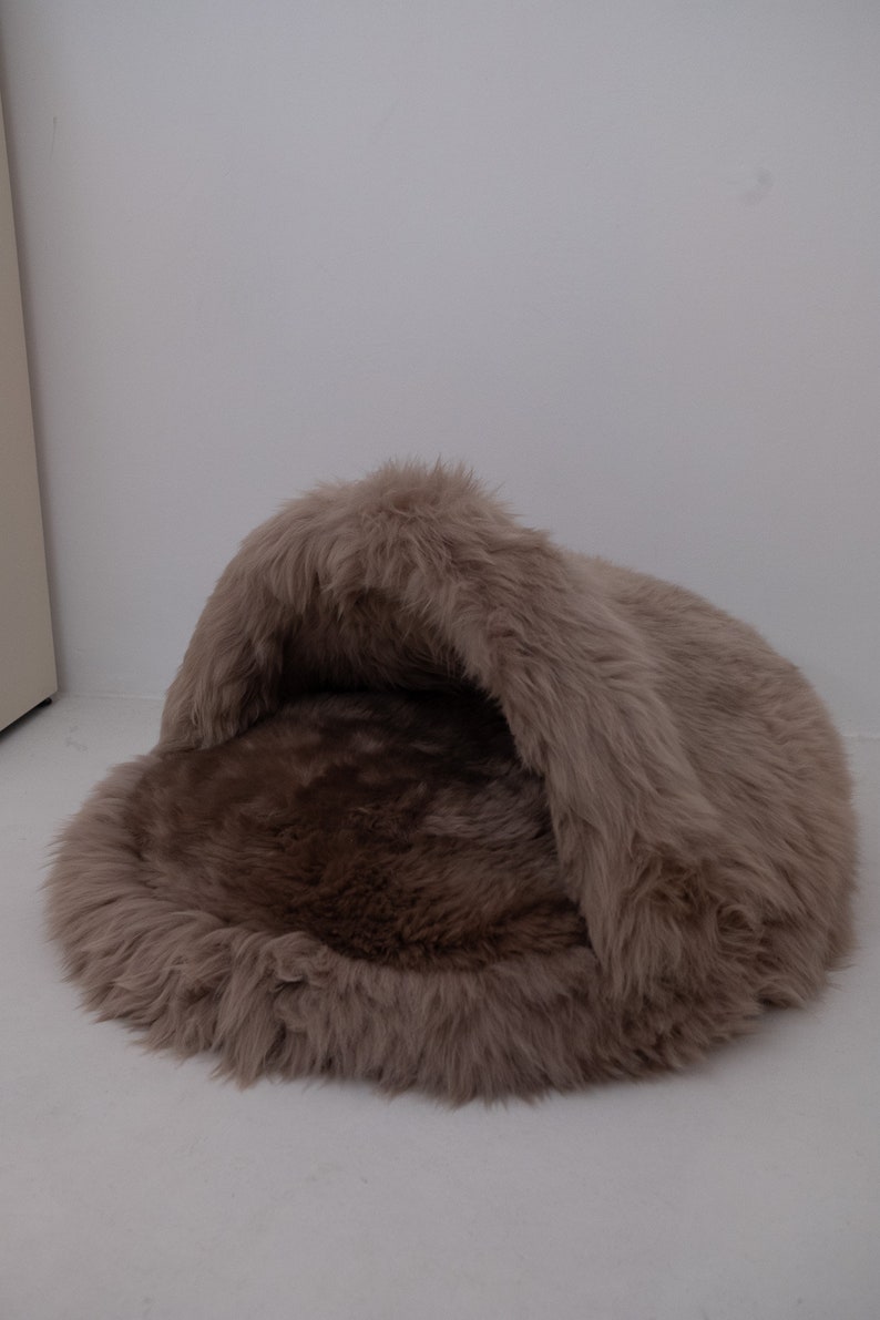 Beige / Grey Greige Luxurious Natural Sheepskin Pet Cave Sheepskin dog bed, cat bed Cat cave, pet furniture, pet couch Choose your size image 3