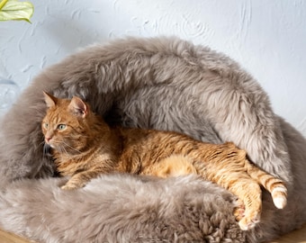 Greige Sheepskin Pet Cave Bed, Natural Wool Cat Bed