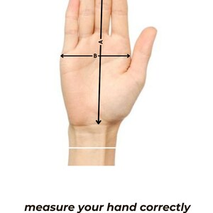 May include: Diagram showing how to measure your hand correctly for sizing.  The diagram shows a hand with two measurements labeled A and B.  Measurement A is the length of the hand from the tip of the middle finger to the base of the palm. Measurement B is the width of the hand across the palm at the widest point.
