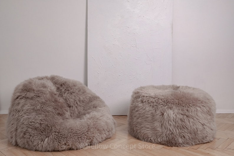 Greige Elegant & Luxurious Real Sheepskin Pouf / Pouffe / Ottoman. Scandinavian Style Ottoman. Natural genuine Sheepskin, Nordic Style pouf image 8