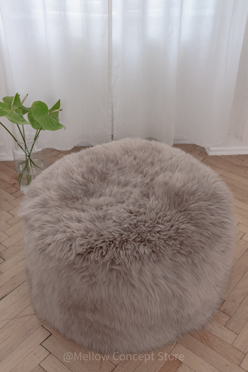 Greige Elegant & Luxurious Real Sheepskin Pouf / Pouffe / Ottoman. Scandinavian Style Ottoman. Natural genuine Sheepskin, Nordic Style pouf image 4