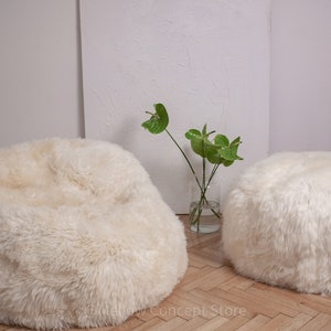 White Elegant & Luxurious Real Sheepskin Pouf / Pouffe / Ottoman. Scandinavian Style Ottoman. Natural genuine Sheepskin, Nordic Style pouf image 5