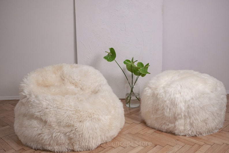 White Elegant & Luxurious Real Sheepskin Pouf / Pouffe / Ottoman. Scandinavian Style Ottoman. Natural genuine Sheepskin, Nordic Style pouf image 5