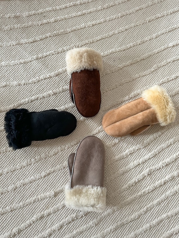 Black Shearling Mittens, Custom Fit Sheepskin Winter Gloves