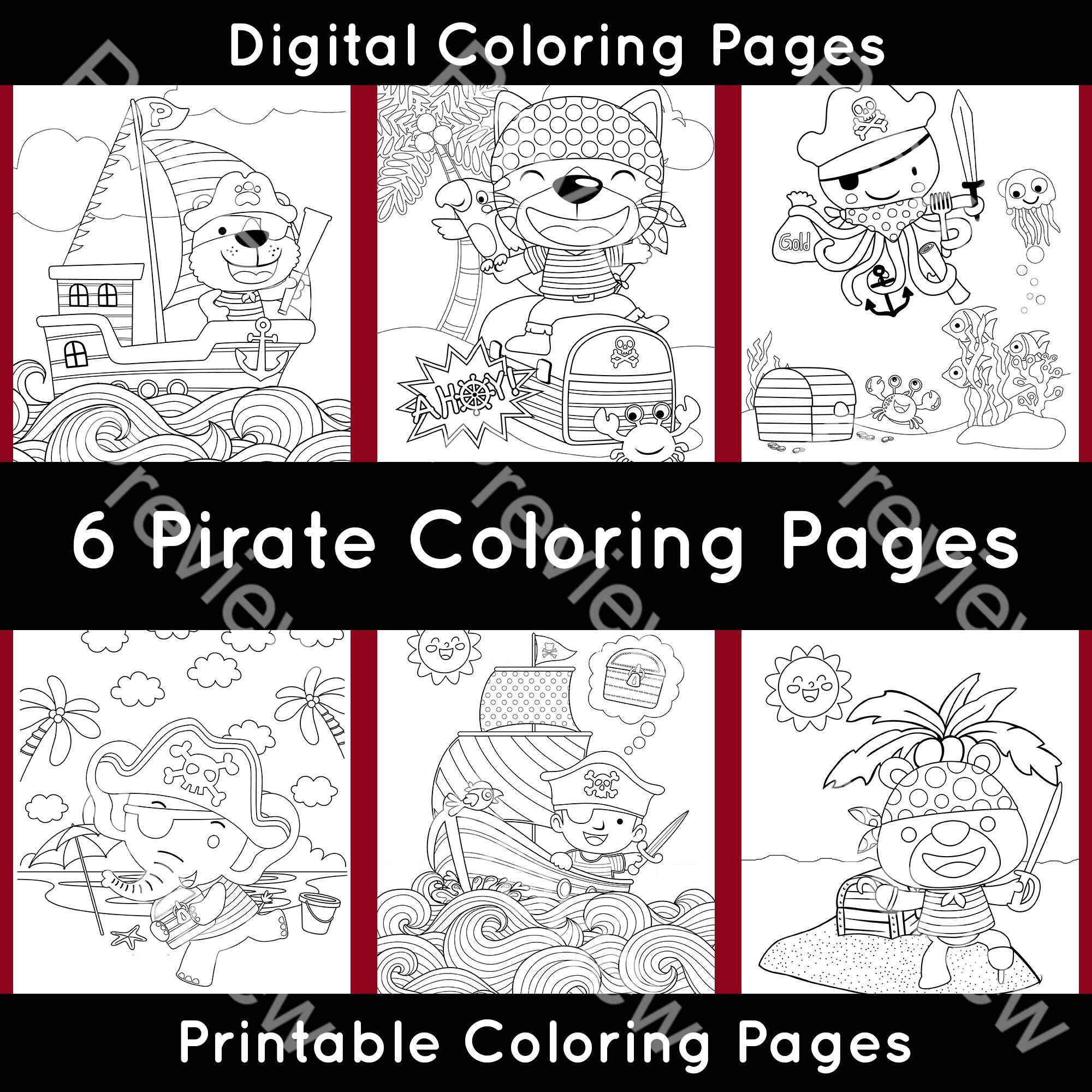 6 Pirate Coloring Pages Digital Pirate Coloring Book Etsy