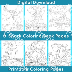 6 Shark Coloring Book Pages - Digital Shark Coloring Book