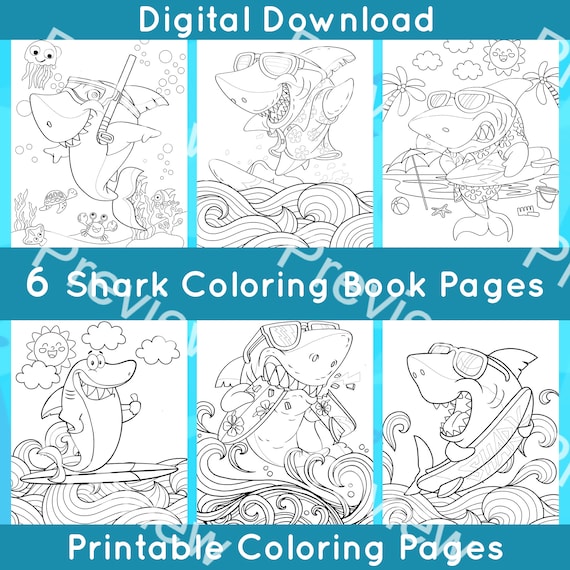 6 Shark Coloring Book Pages  Digital Shark Coloring Book