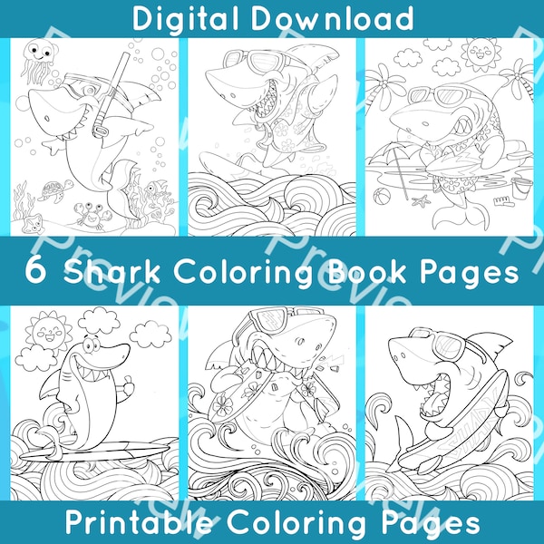 6 Shark Coloring Book Pages - Digital Shark Coloring Book