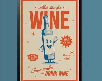 Kitchen Print, Wine Illustration Wall Art, Mid-Century Poster, Wine Print Wall Decor, Hand Drawn Kitchen Prints, Retro Social Club Poster