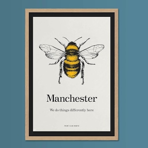 Manchester Bees, Manchester Wall Art, Wall Art Print, Poster Print, Fun Typography Print, Colourful Art, Home Decor, A5, A4, A3