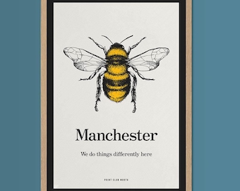 Impresión de abeja de Manchester, arte mural con tipografía colorida