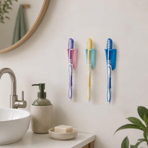 May include: Three wall-mounted toothbrush holders in pink, light blue, and blue, each holding a matching toothbrush. The holders are attached to a plain wall above a bathroom counter with a soap dispenser, a bar of soap, and a faucet.