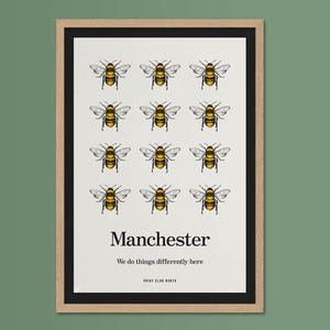 Manchester Bee, Manchester Wall Art, Wall Art Print, Poster Print, Fun Typography Print, Colourful Art, Home Decor, A5, A4, A3