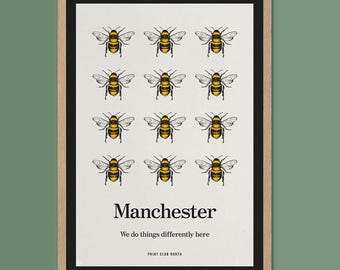 Lámina artística de abeja de Manchester, decoración de pared con tipografía divertida