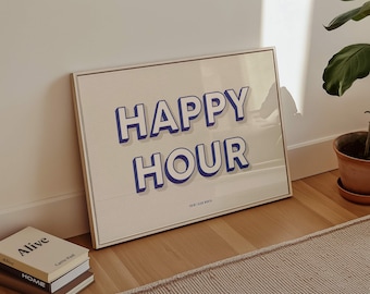 Happy Hour Typography Print, Retro Bar Poster, Kitchen Wall Art