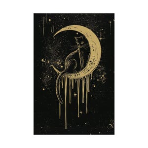 Nachtelijke troon | Goth Art Poster Gothic Artwork Print Tarotkaart Occulte Hekserij Hemelse Maan Kat Katachtige Sterren Kosmisch