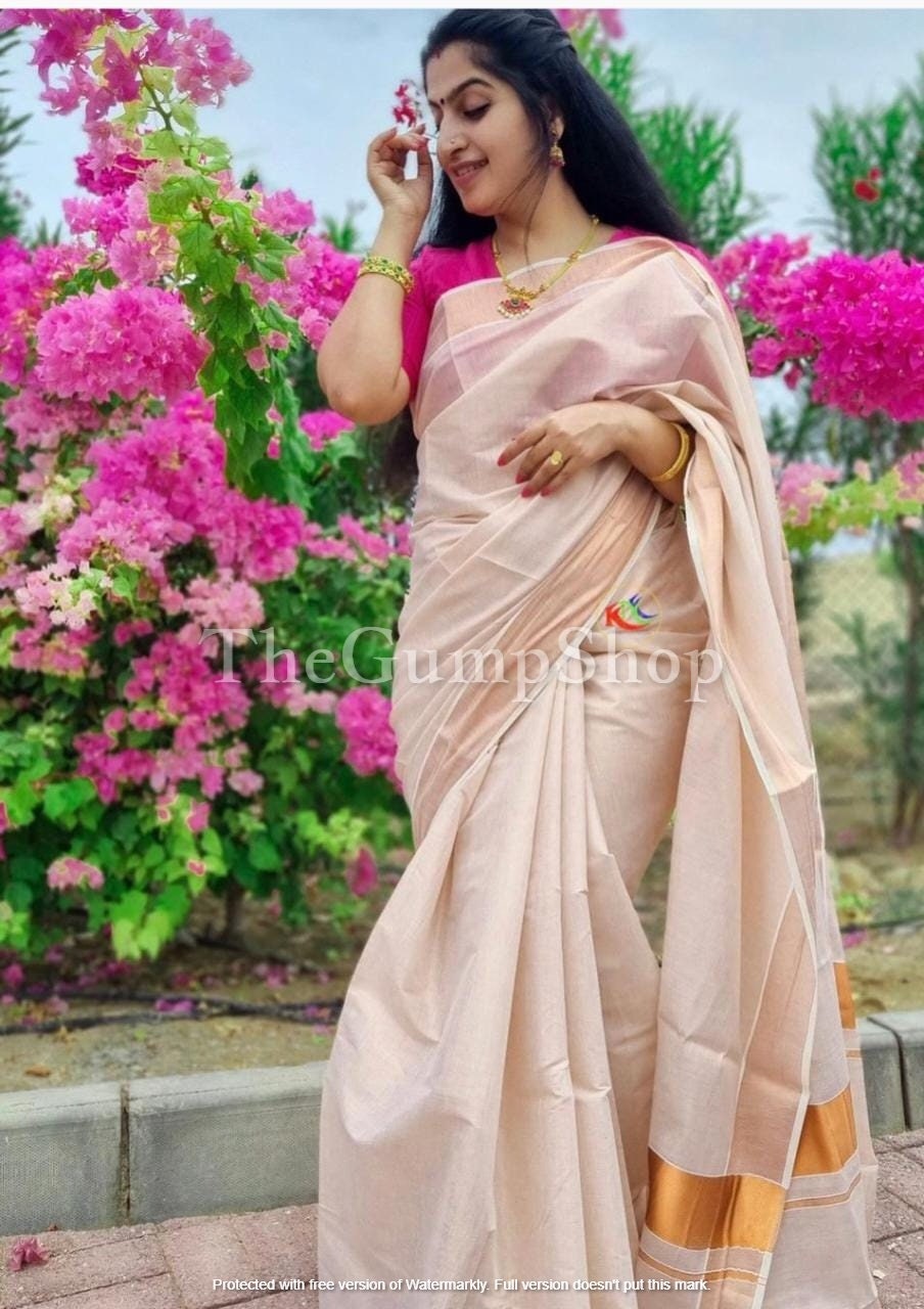 Kerala Tissue Saree With Copper Border Onam Dress - Etsy