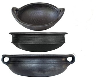 Black Pottery Earthen Kadai/Clay Pots Combo for Healthy Cooking Pre Seasoned (3.5,2 and 1Ltr_Deep Burned_Gas Stove & Microwave_Unglazed)