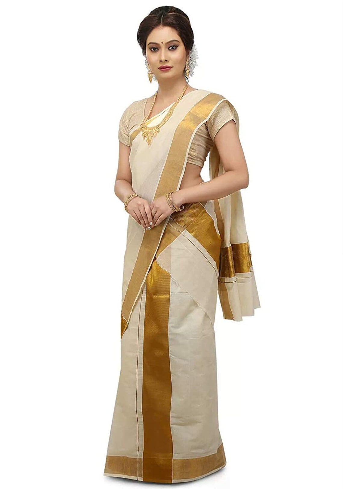 Women's Cotton Kerala Kasavu Set Mundu With Dark Golden Etsy Canada