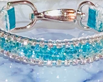 Turquoise Rhinestone Dog Collar, 1/2 inch Wide, Silver Clasp