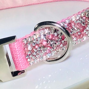 Rhinestone Bling Dog or Cat Collar 3/4&quot; Pink Satin Metal Buckle Sparkly Pink and Silver Crystal Diamond Pet Jewelry Classy Modern Unique