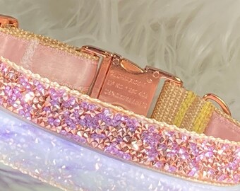 Halsband för hund i roséguld med strass, halsband för katt i lavendelfärgad kristall
