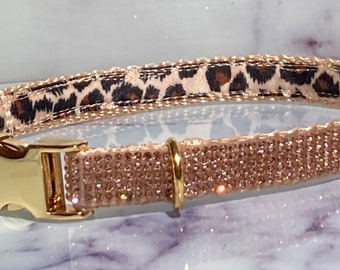 Leopard Satin & Champagne Rhinestone Dog or Cat Collar, Gold or Silver Buckle, 1/2&quot; Unique Dazzling Dainty Durable,  Matching Leash Option!