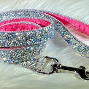 Super Sparkle Aurora Rhinestone Crystal Leash, Bright Pink Satin Lining, 3/4" Wide, 3 to 6 Foot Length Options!