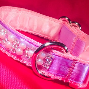 Rhinestone Pearl Diamond Collar Bling Dog Collar Pink Collar Lavender Satin Ribbon Sparkling Crystal Pink Plastic Buckle Fancy Elegant Gift