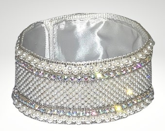 Pearl Rhinestone Bling Dog Collar, Silver Satin Lined Choker, Large Breed