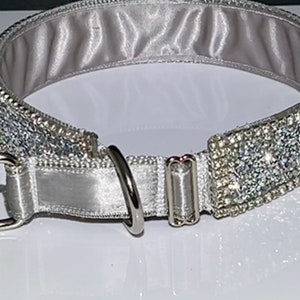 Diamond Rhinestone Martingale Collar 1” Wide Grey Satin Lined Sparkling Silver Aurora Borealis Crystal Elegant Quality