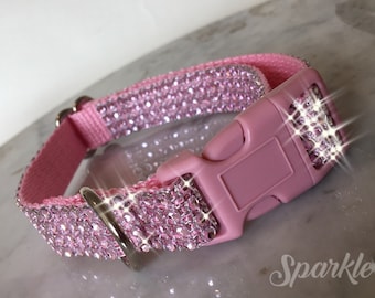 Blush Pink Rhinestone Dog Collar 3/4" Plastic Buckle and Light Pink Nylon Sparkly Diamond Crystal Small Girly Collar Fancy Puppy Gift Danty