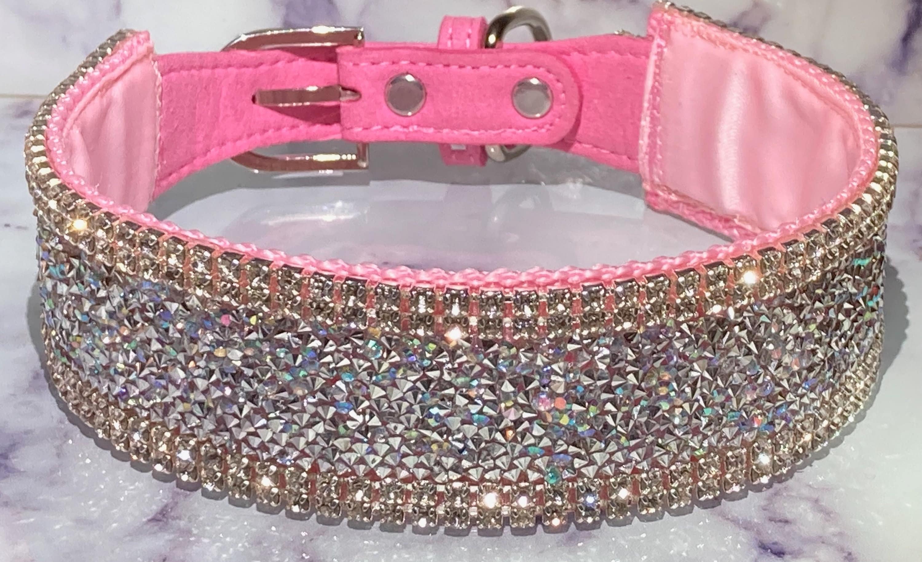 Luxury Blush Pink Rhinestone Sparkling Dog Collar, 4 Rows Of Diamonds, 1.5" Wide, Adjustable Buckle Aurora Dazzling Faceted Diamonds Elegant