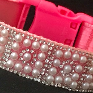 Pearl & Diamond Dog Collar 1” Elegant Pink Satin Lining Shimmering Rhinestones Classy Decadent Bling Girl Dog Collar Rich Timeless Style