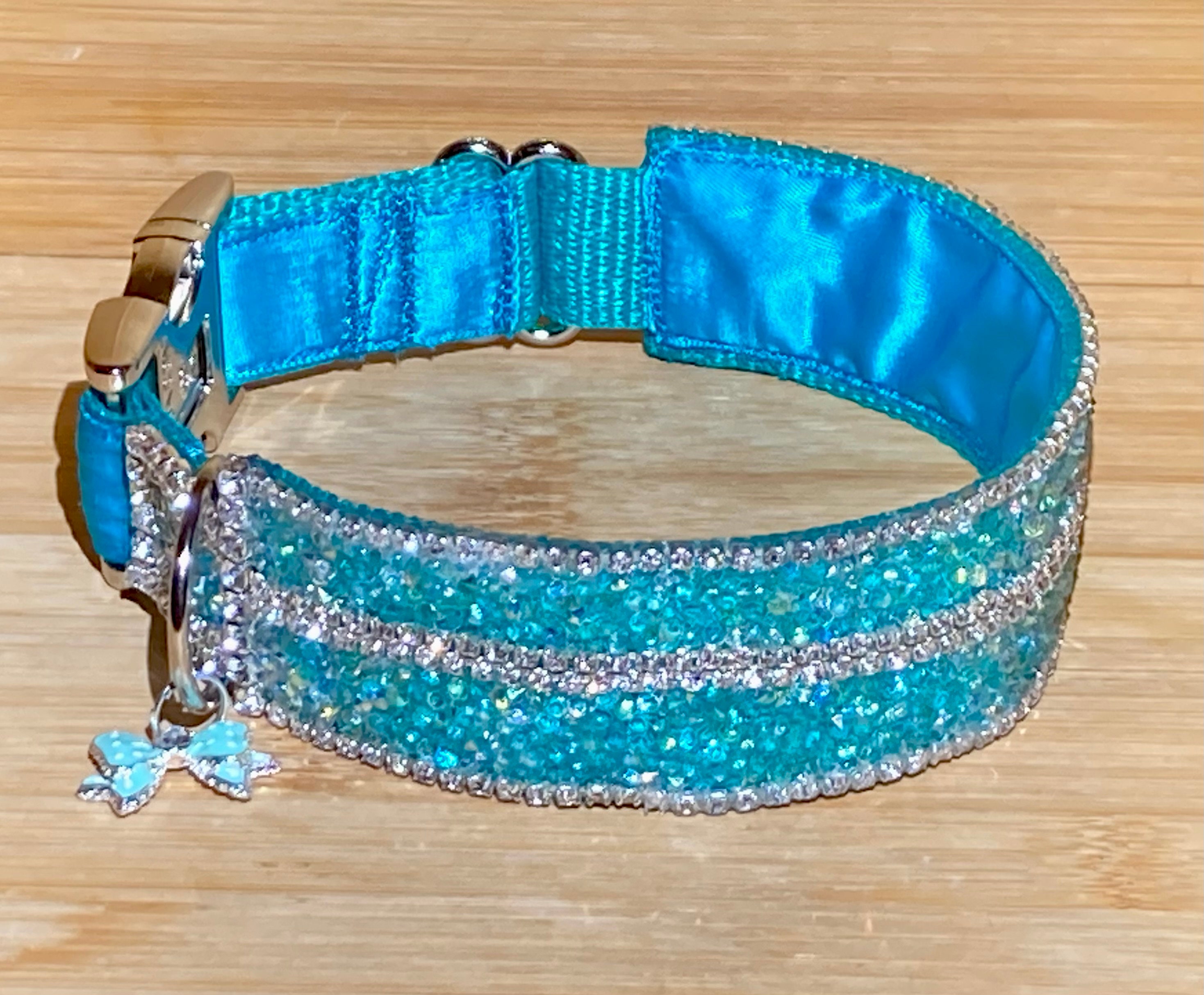 Teal Rhinestone Dog Collar, Upgraded With Satin Lining, Modern Metal Buckle Aurora Borealis Crystal Bling, 4 Rows Of Sparkling Diamonds