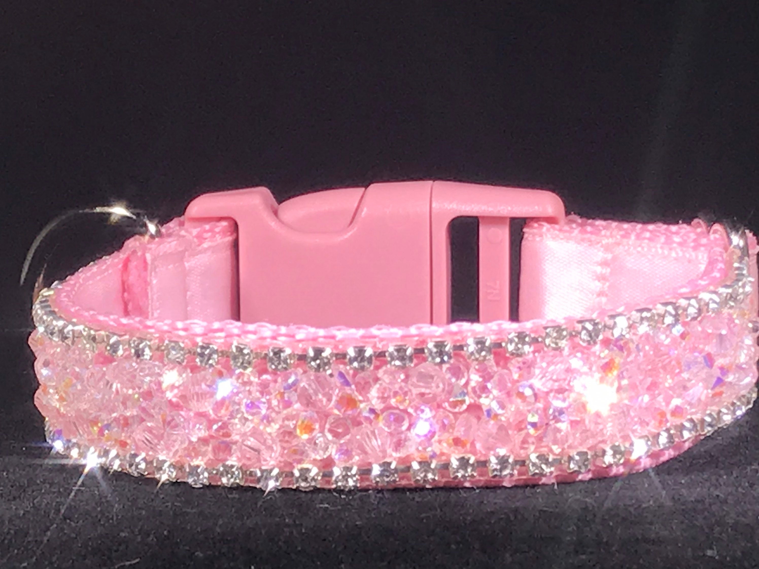 Rhinestone Dog Collar Pink Nylon, Aurora Borealis Crystals, 3/4" Wide