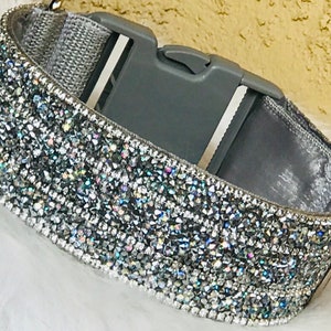 Rhinestone Bling Dog Collar 2" Wide Grey Satin Sparkling Crystal Diamond Diamante Pet Jewelry Classy Fancy Elegant Iced Glitter Glam Collar