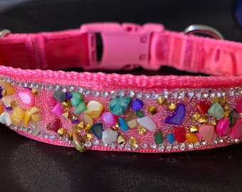 May include: Pink dog collar with a sparkly trim of colorful stones and rhinestones.