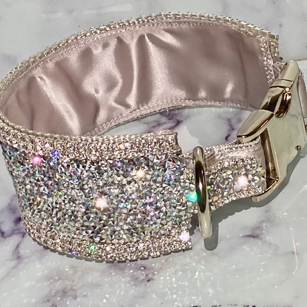 Real Rhinestone Bling Big Dog Collar, Silver Satin Lined, Modern Metal Buckle Classy Faceted Diamonds Elegantly Lined Glam