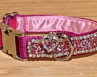 Collar para perro o gato con diamantes de imitación rosas auténticos, satén color frambuesa y lavanda, regalo elegante, brillante y único para niña.