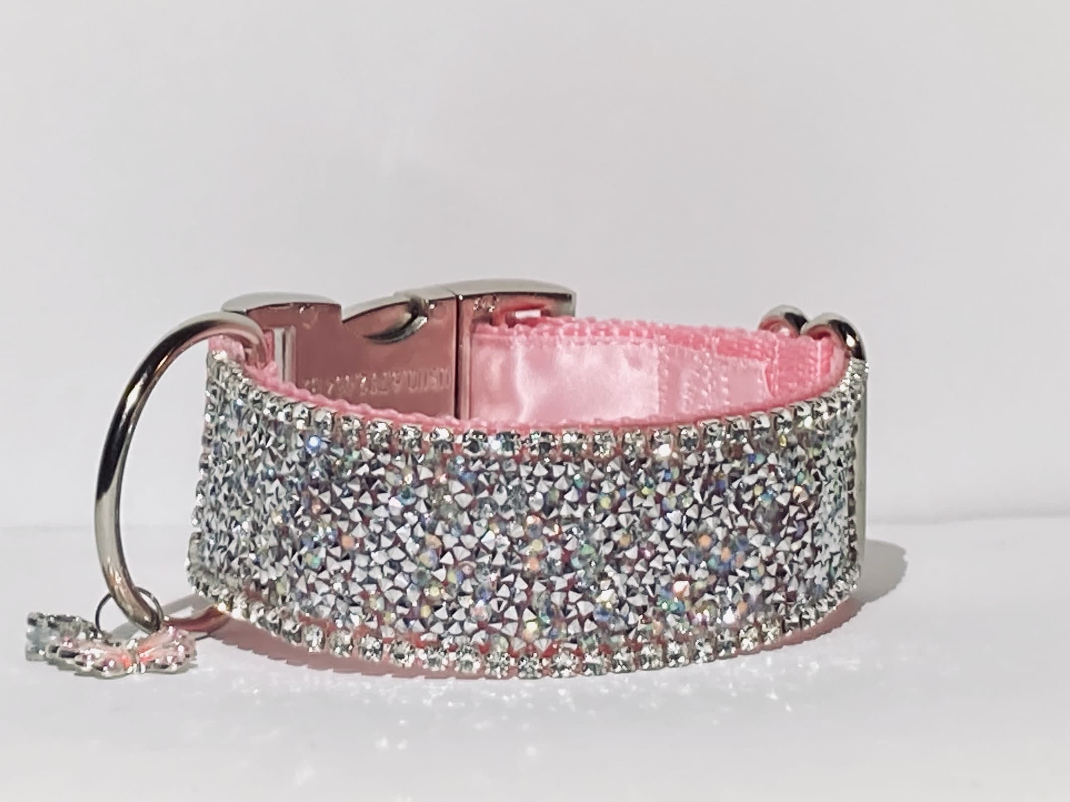 Blush Pink Girl Rhinestone Dog Collar 1.5" Wide, Sparkling Crystals, Satin Lined Metal Buckle Aurora Dazzling Faceted Diamonds Elegant