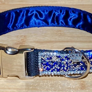 Royal Blue Rhinestone Dog Collar, Elegant Czech Diamonds Line Ocean Blue & Silver Sparkling Crystals, 1.5&quot; Wide Glam Bougie Posh Pet Bling!