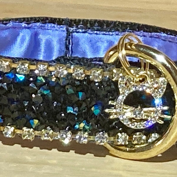 Rhinestone Bling Dog or Cat Collar Periwinkle, Black with Gold hardware, choice of buckle, Elegant Classy Quality Unique Customizable Glam