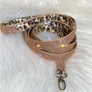 Champaign Sparkle Rhinestone Customisable Dog or Cat Leash, Satin Leopard Print Lining, Style Modern Classy Glam 3 or 4 Foot Length Options!