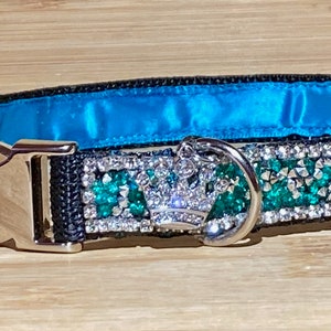Blue Rhinestone Bling Dog Collar Turquoise Satin Lined 3/4" Wide Metal Buckle Sparkly Crystal Pet Jewelry  Fancy Elegant Classy Elegant Glam