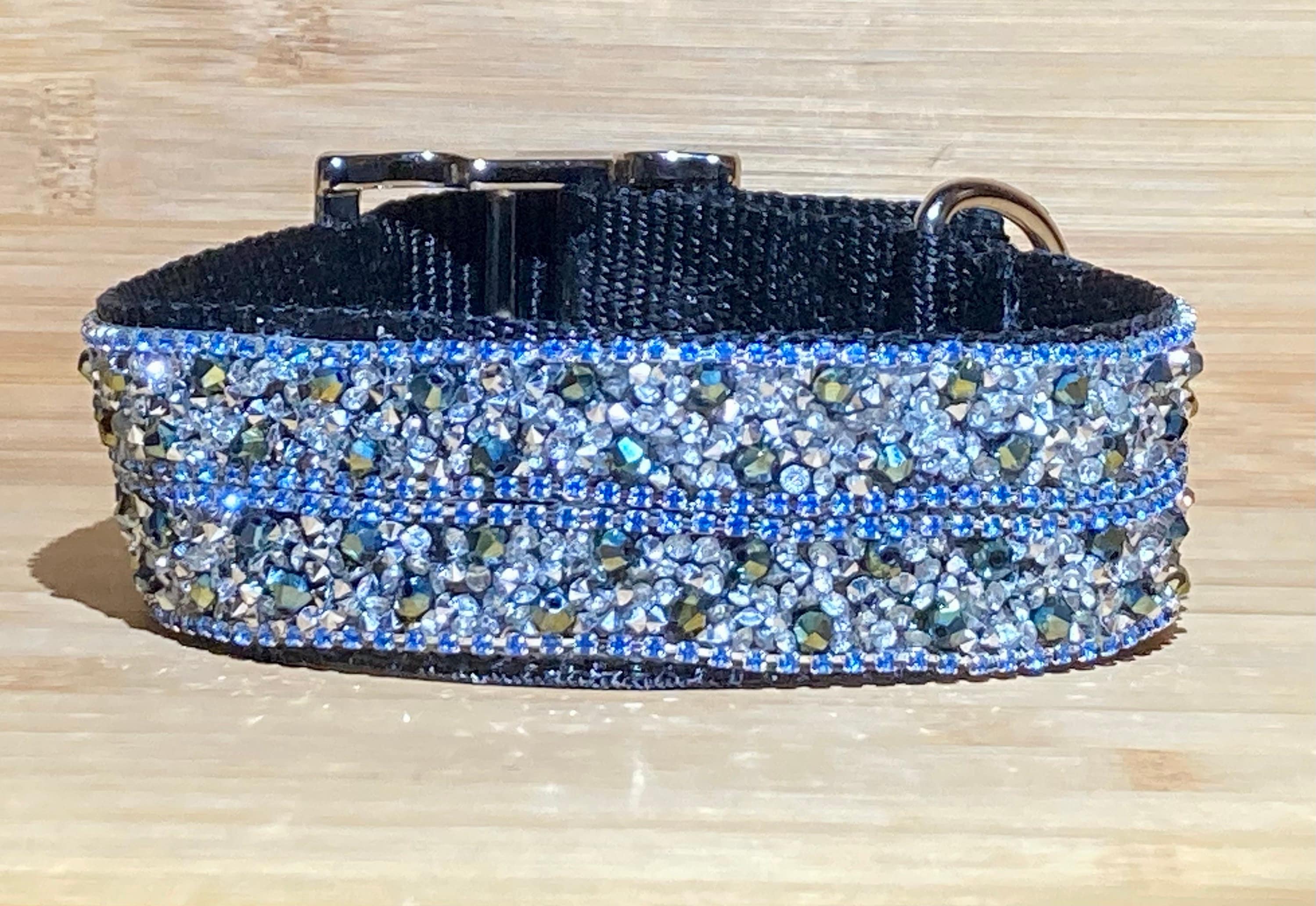 Blue Real Rhinestones Bling Dog Collar 4 Rows Lake Rhinestones, 1.5" Wide Unique Glam Pet Jewelry, Custom Buckle Closure Options Usa