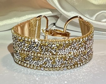 Gold & Silver Rhinestone Dog Collar, 1.5" Wide Sparkle Bling, High-End Classy Pet Gift, 3 rows of Diamonds, Satin lined and Poodles Love it!
