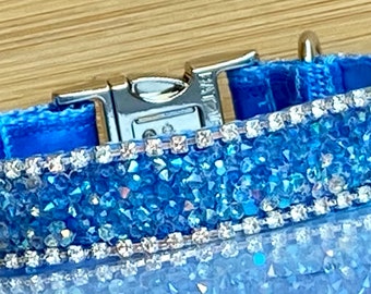Blue Beauty Rhinestone  Sparkle Collar, Glam Crystal Fabulous Dog or Cat Jewelry, Quality Treasure, Soft Satin Lining, Posh and Stylish!