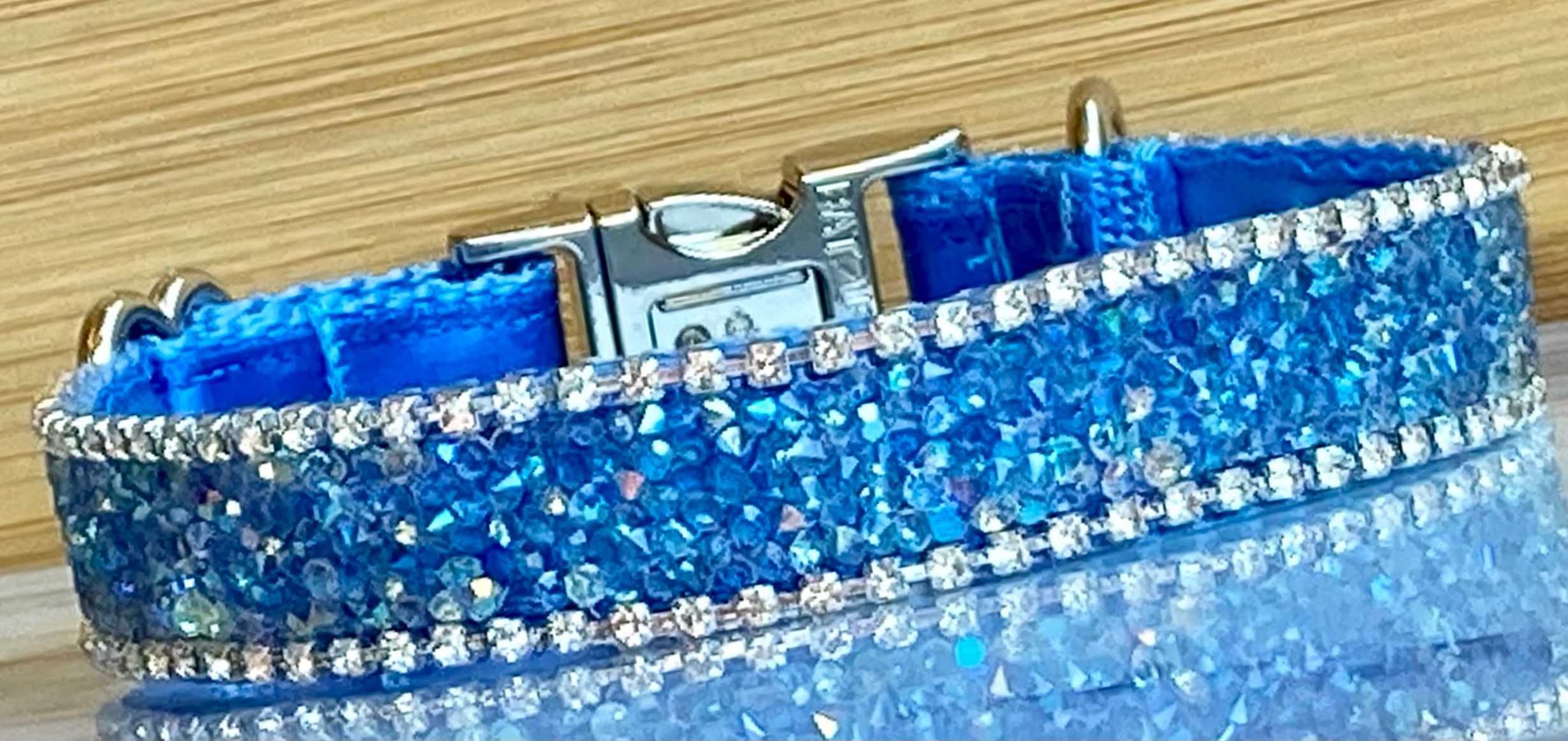 Blue Rhinestone Dog Collar, Sparkle Crystal, Satin Lined